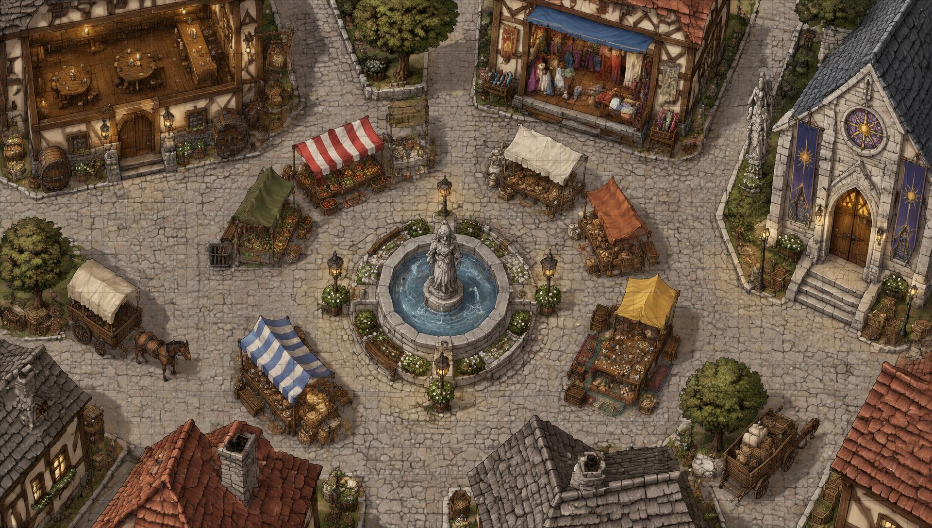 Top-down map of a medieval town market square with stalls, a tavern and a chapel