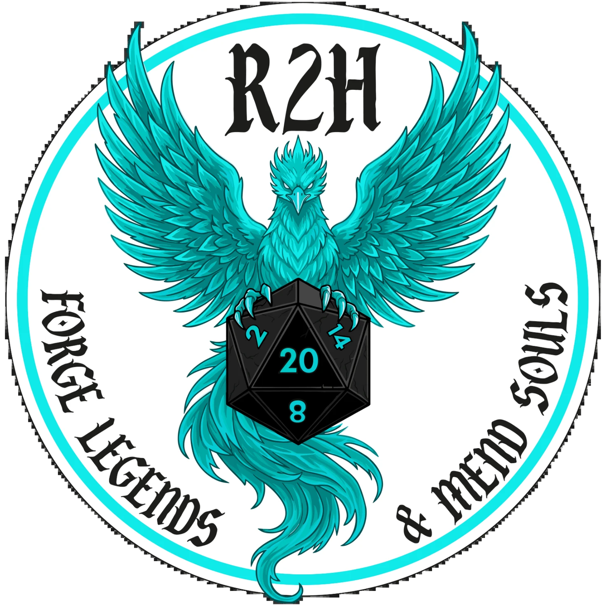 Roll2Heal logo — a teal phoenix holding a d20