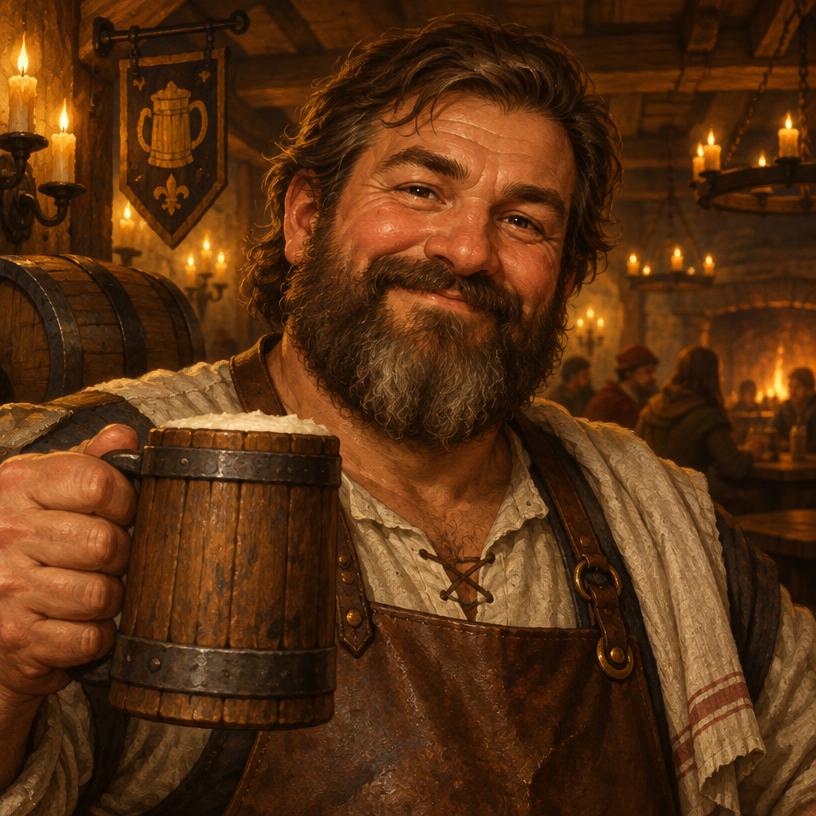 Bram, the friendly tavern keeper, raising a tankard